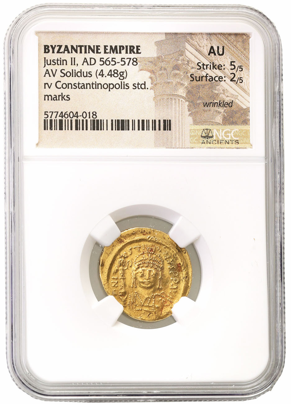 Bizancjum. Justin II (565-578). Solidus 567-578, Konstantynopol NGC AU 5/5 2/5